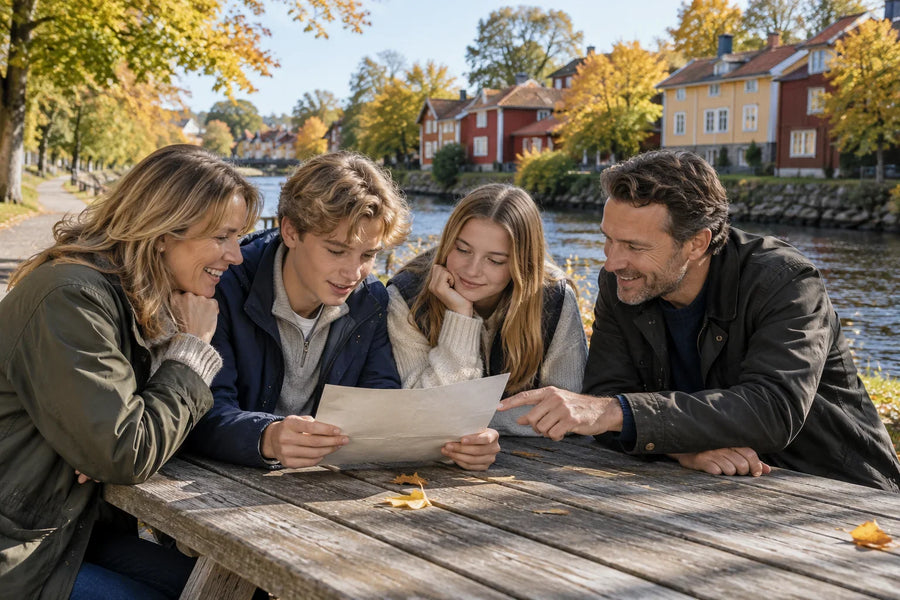 En familj med två tonåringar samarbetar kring ett papper vid ett bord intill vattnet.