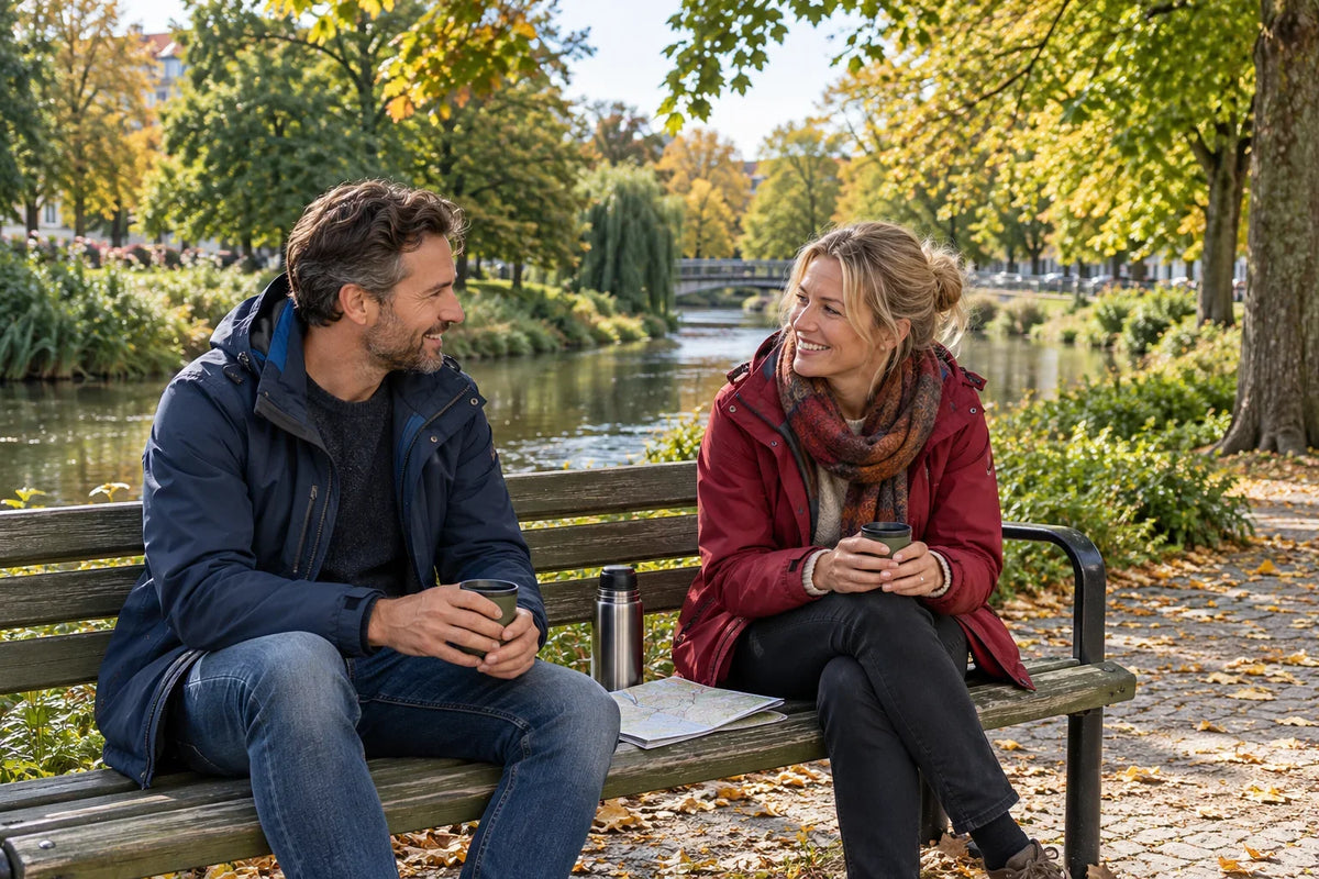 Ett par tar en paus med termos och muggar på en bänk vid en kanal i en grön park.