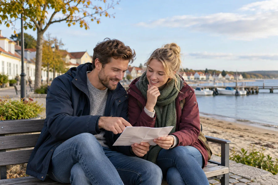 Två personer sitter på en bänk och studerar ett vikt papper med sandstrand och småbåtshamn i bakgrunden.
