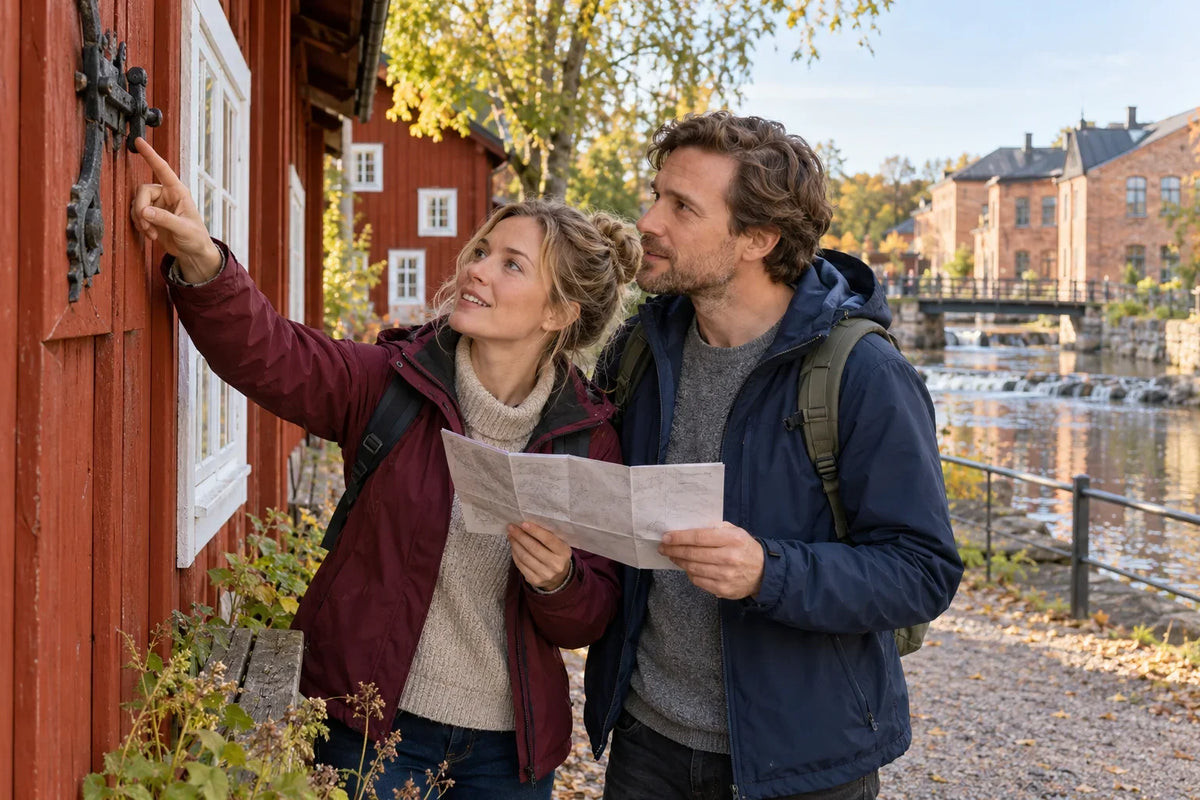 Två personer granskar en detalj på ett rött trähus och håller en karta, med ett åstråk bakom sig.