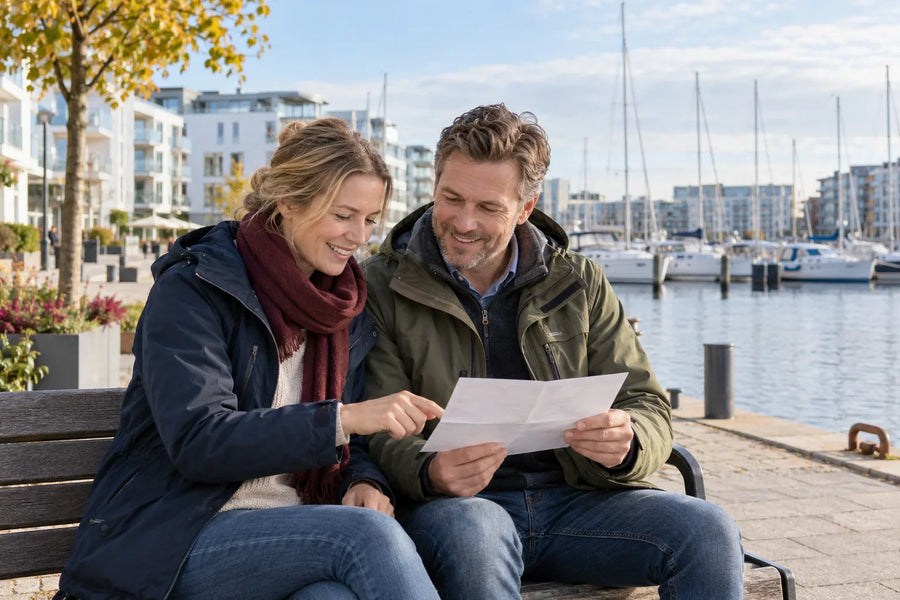 Två personer sitter på en bänk och läser ett vikt papper vid en marina med segelbåtar bakom sig.