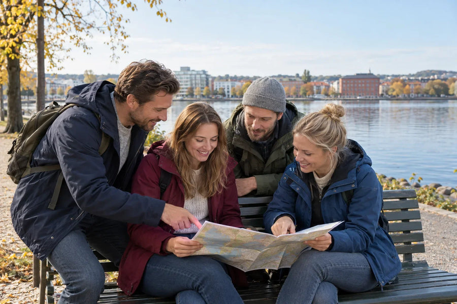 Fyra personer samlas runt en karta på en bänk vid en sjö med höstträd och husfasader längs stranden.