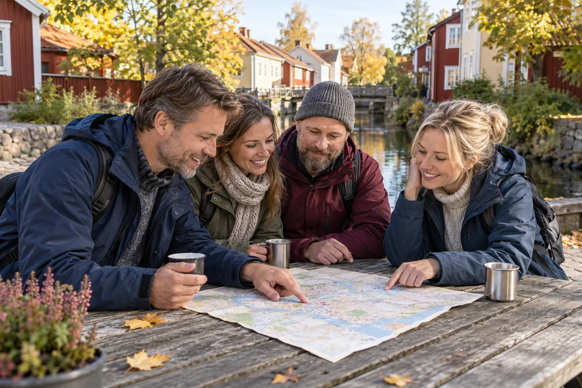 Fyra personer studerar en karta vid ett utomhusbord med metallmuggar, äldre trähus och vatten bakom sig.