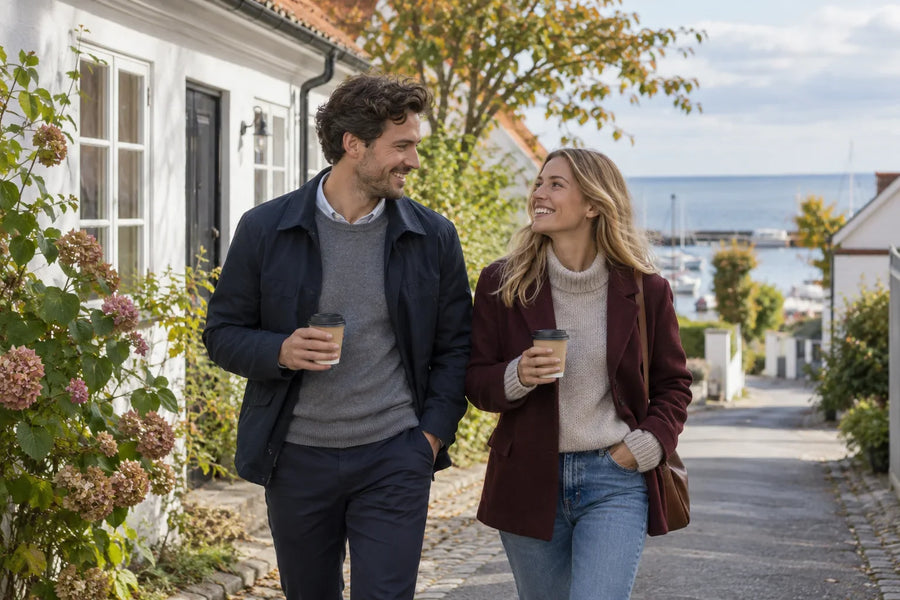 Två personer promenerar med kaffemuggar längs en gata med låga vita hus och vatten i bakgrunden.