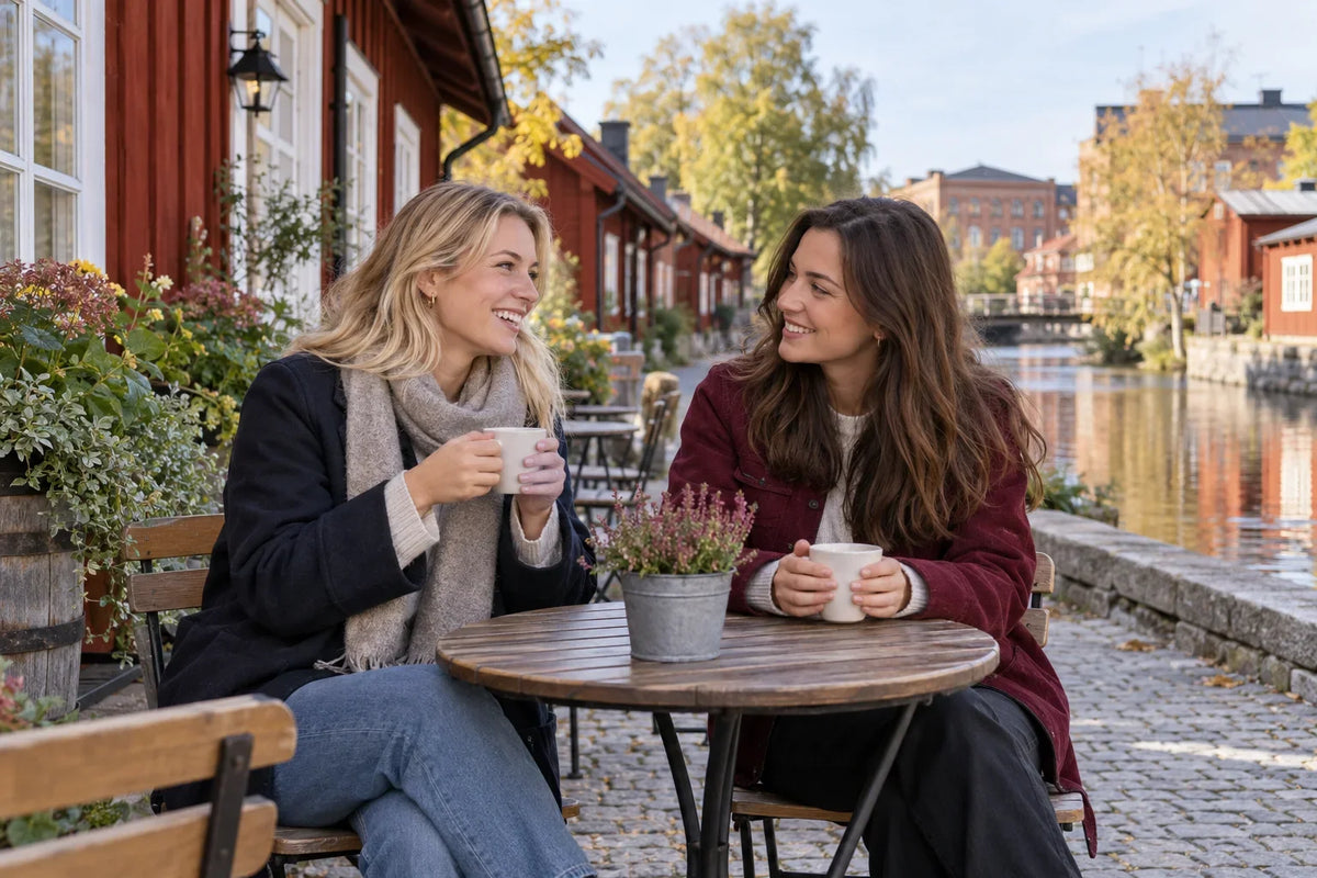 Två personer samtalar över varsin kopp vid ett litet utomhusbord mellan röda trähus och en å.