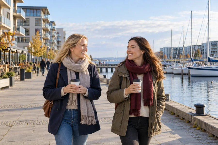 Två personer går med kaffemuggar längs en kaj med segelbåtar och moderna hus i bakgrunden.