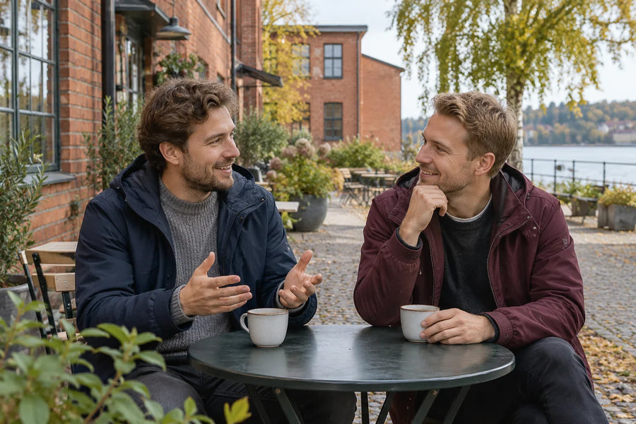 Två personer samtalar över kaffekoppar vid ett utomhusbord intill en tegelbyggnad nära en sjö.