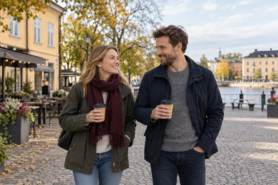 Två personer går med kaffemuggar längs en höstgata med uteservering och en älv i bakgrunden.
