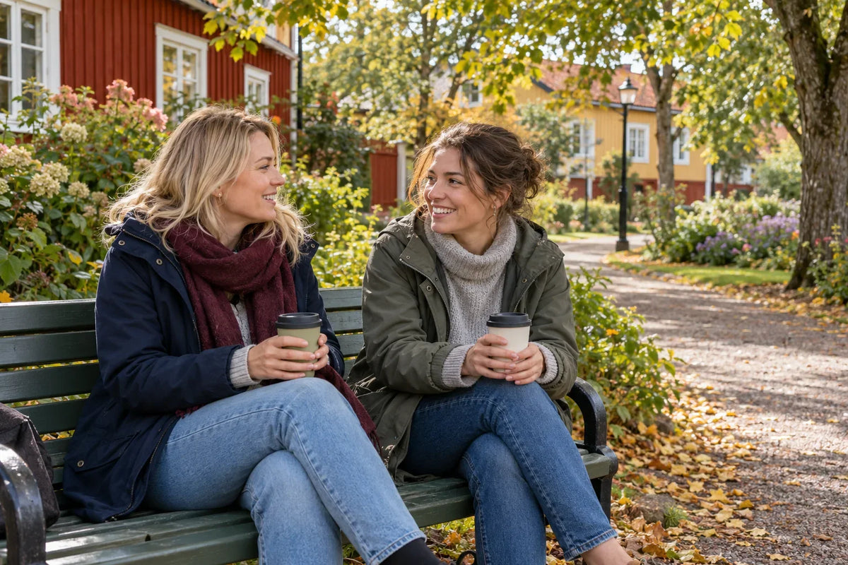 Två personer sitter på en parkbänk med kaffemuggar, omgivna av höstlöv och låga röda trähus.