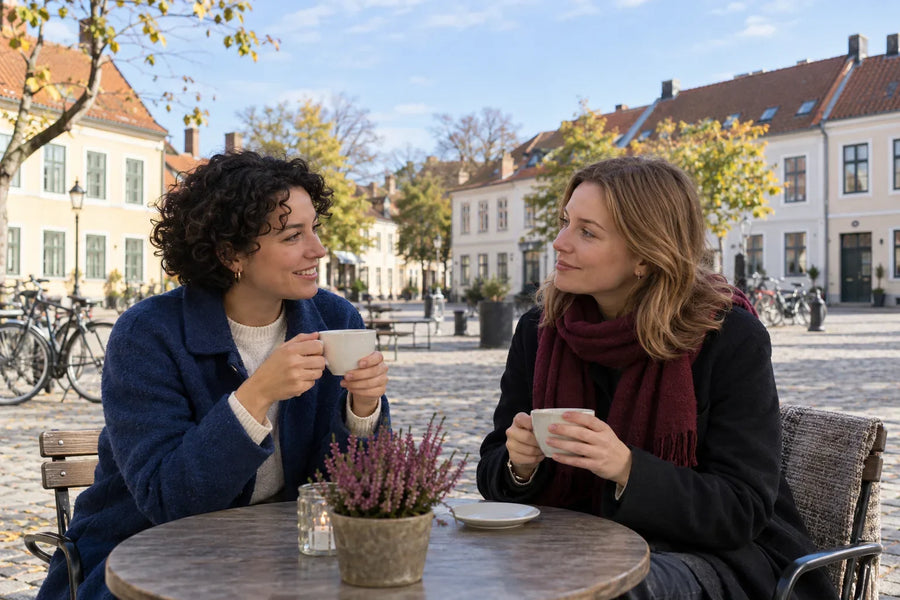 Två kvinnor samtalar över varsin kaffekopp på ett litet torg med cyklar och äldre fasader.