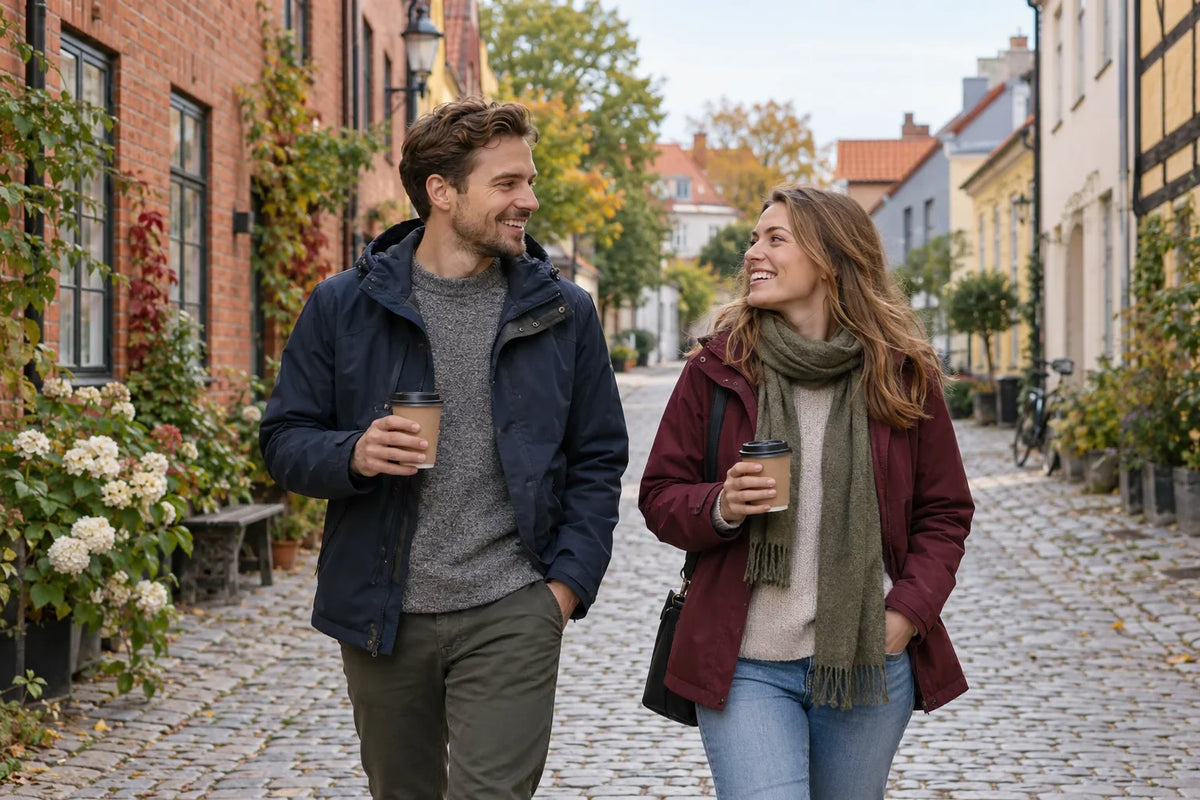 Två personer promenerar med kaffemuggar på en kullerstensgata mellan äldre tegelhus och putsade fasader.