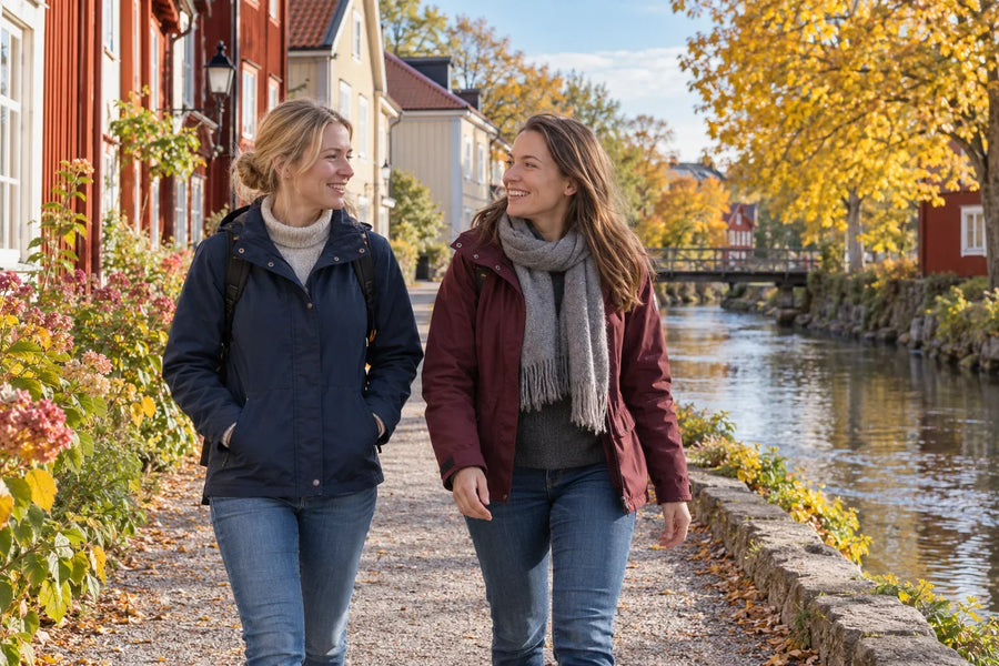 Två personer samtalar under en promenad längs ett smalt vattendrag med trähus, bro och höstträd.