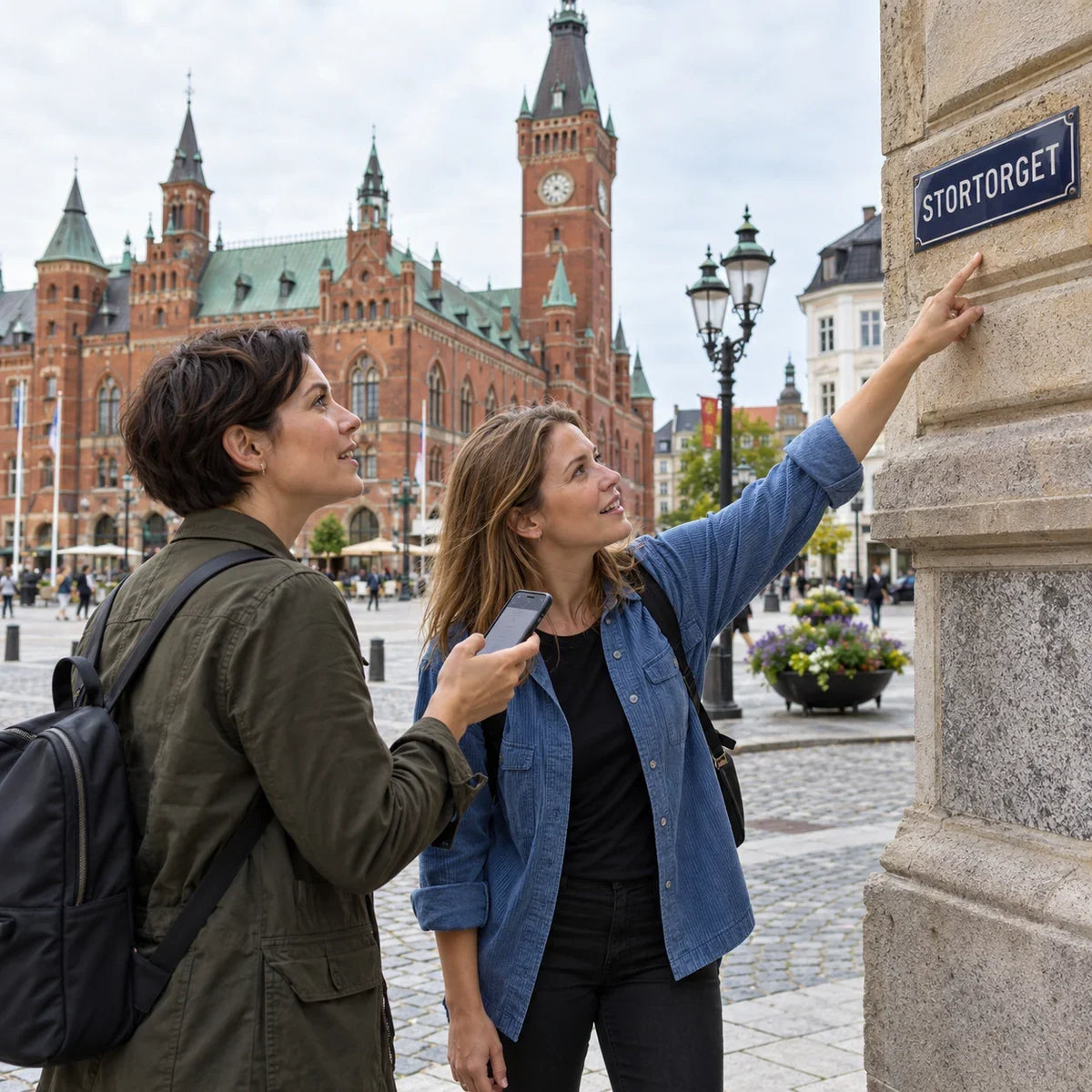 Två vänner med en mobil tittar på skylten Stortorget framför Helsingborgs röda rådhus.