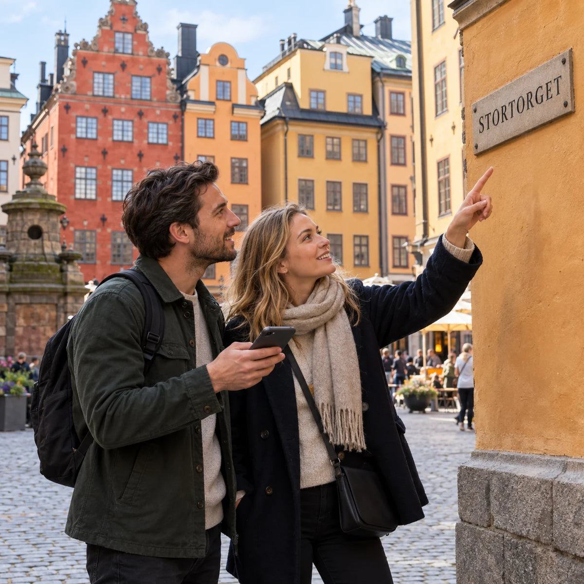 Två personer med en mobil pekar mot skylten Stortorget bland Gamla stans färgade fasader.