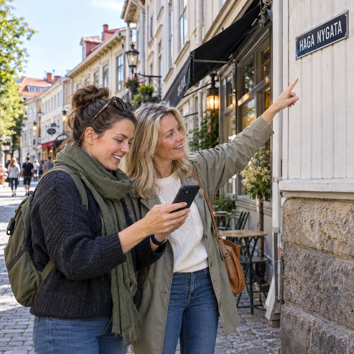 Två vänner med en mobil tittar på gatuskylten Haga Nygata bland trähusen i Göteborg.
