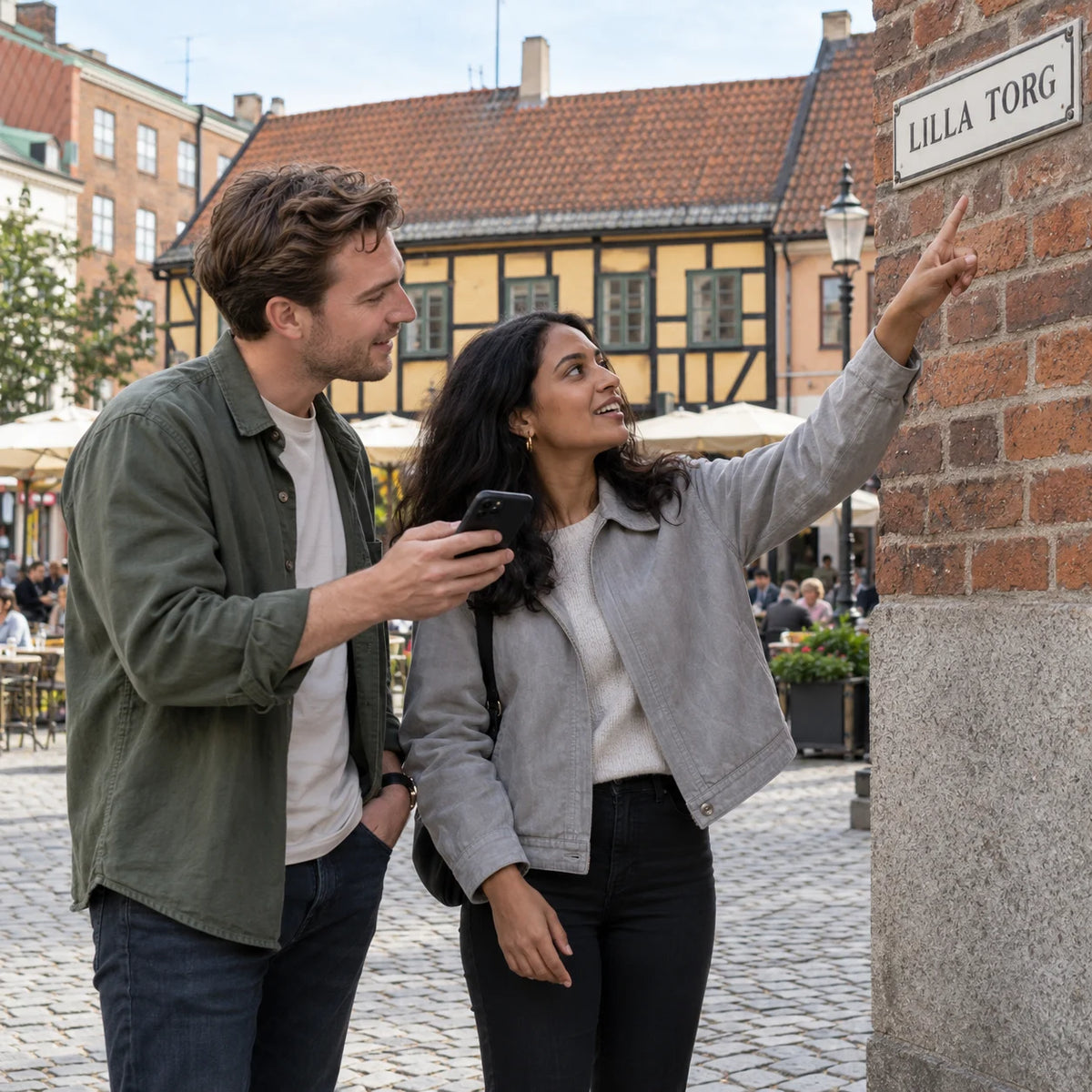 Två personer med en mobil pekar mot skylten Lilla Torg, med korsvirkeshus i bakgrunden i Malmö.