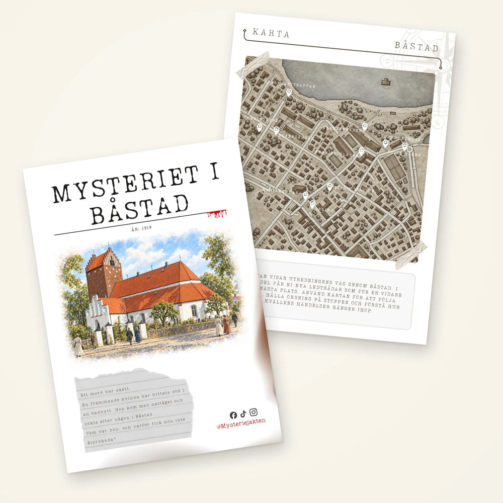 Spelhäfte med en kyrka på omslaget och en stadskarta till Mysteriet i Båstad.