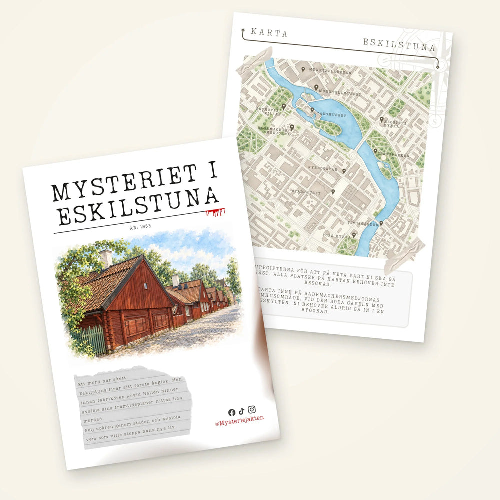Spelhäfte med röda trähus på omslaget och en stadskarta till Mysteriet i Eskilstuna.