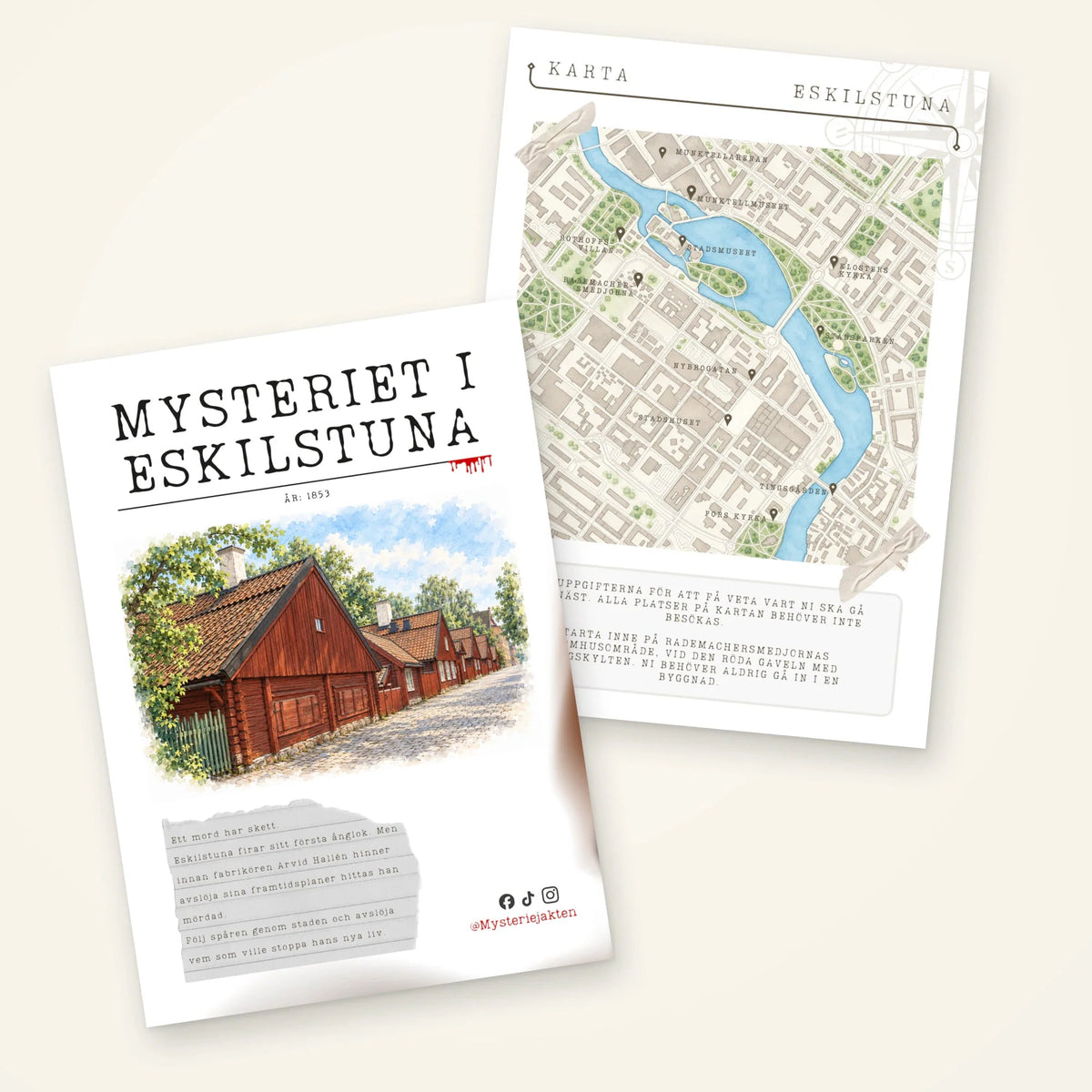Spelhäfte med röda trähus på omslaget och en stadskarta till Mysteriet i Eskilstuna.