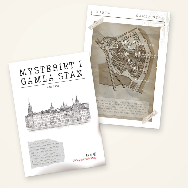 Spelhäfte och karta till Mysteriet i Gamla Stan i Stockholm, med en tecknad stadsvy på omslaget.