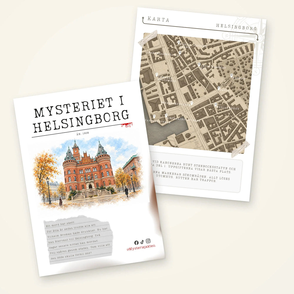 Spelhäfte med en röd tegelbyggnad på omslaget och en stadskarta till Mysteriet i Helsingborg.