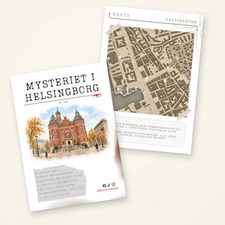 Spelhäfte med en röd tegelbyggnad på omslaget och en stadskarta till Mysteriet i Helsingborg.