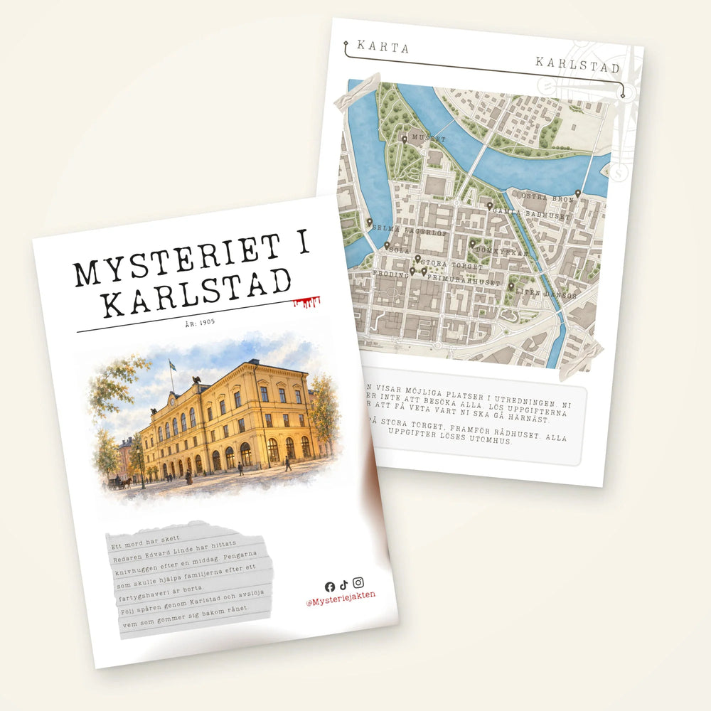 Spelhäfte med en gul byggnad på omslaget och en stadskarta till Mysteriet i Karlstad.