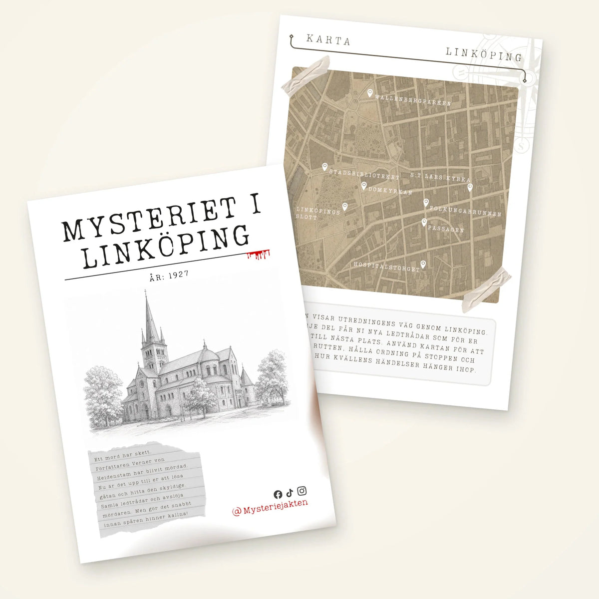Spelhäfte med en svartvit kyrkoillustration på omslaget och en stadskarta till Mysteriet i Linköping.