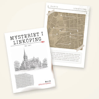 Spelhäfte med en svartvit kyrkoillustration på omslaget och en stadskarta till Mysteriet i Linköping.