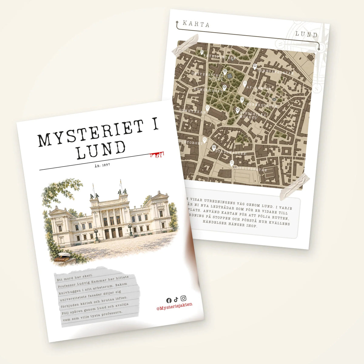 Spelhäfte med en illustrerad universitetsbyggnad på omslaget och en stadskarta till Mysteriet i Lund.