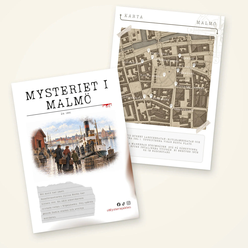 Spelhäfte med en hamn och ångbåt på omslaget samt en stadskarta till Mysteriet i Malmö.