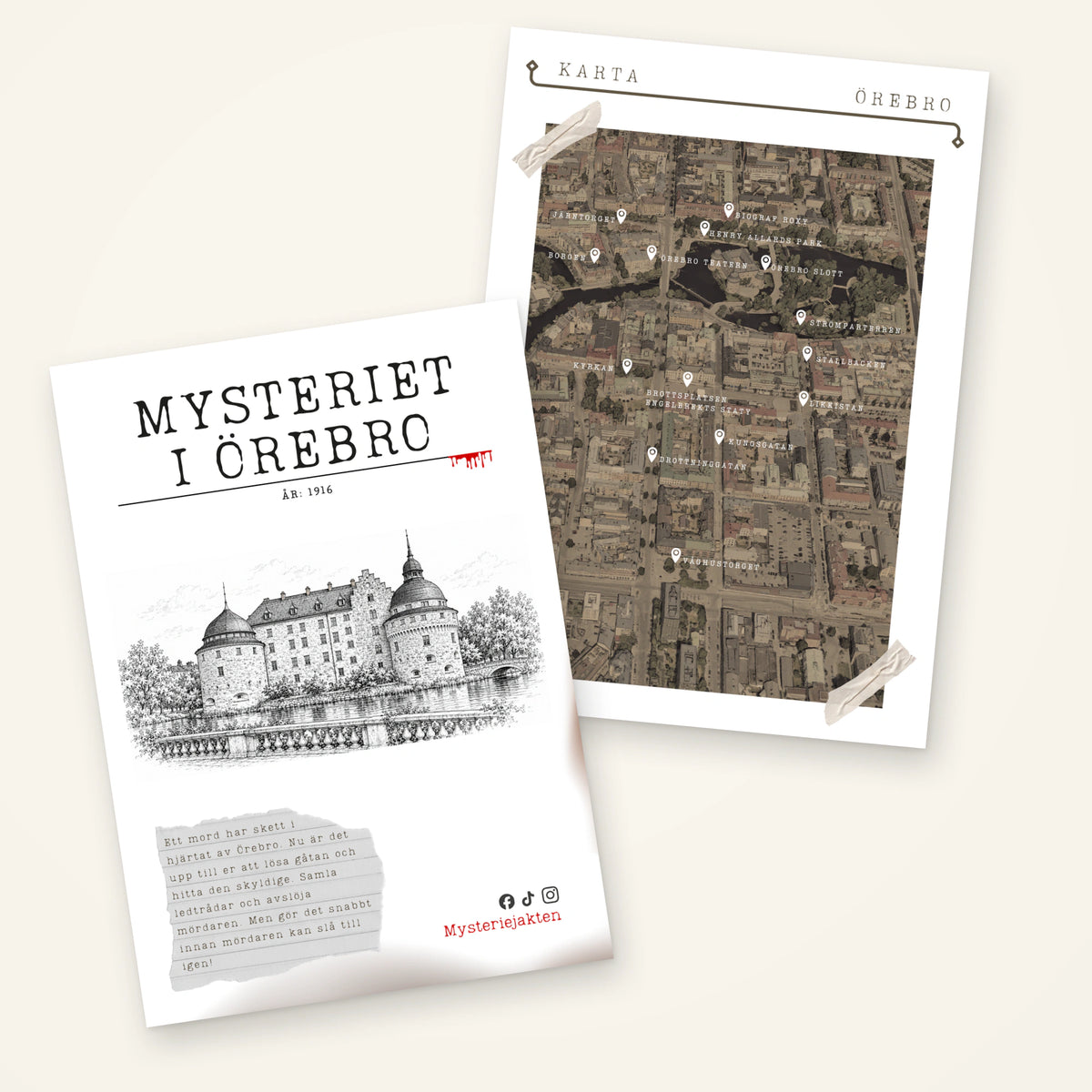 Spelhäfte med Örebro slott på omslaget och en stadskarta till Mysteriet i Örebro.