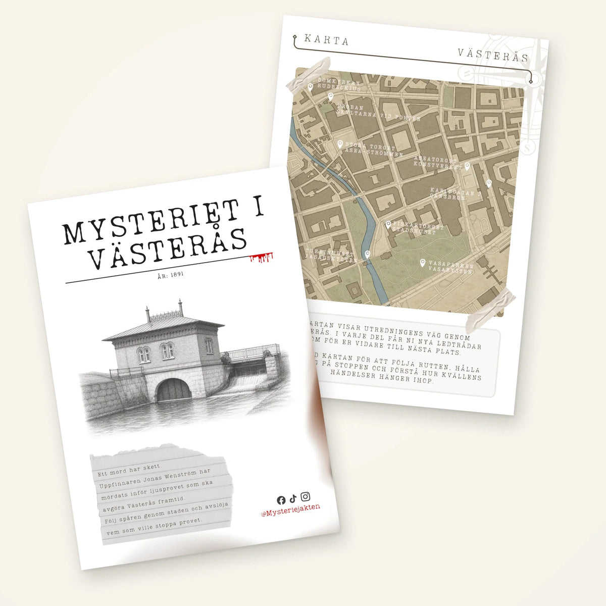 Spelhäfte med en svartvit illustration av en byggnad vid vattnet och stadskarta till Mysteriet i Västerås.